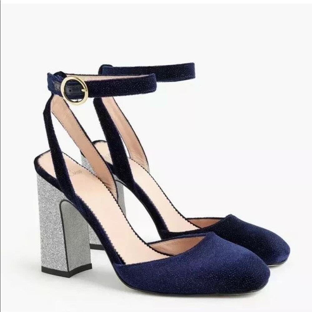 J. Crew Harlow Blue Velvet Silver Glitter Special Occasion Heels Women's 8.5